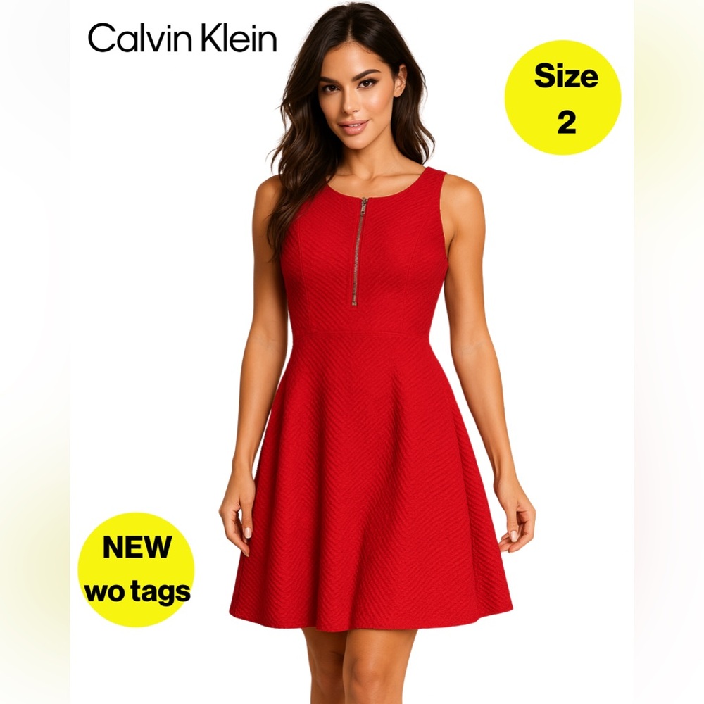 CALVIN KLEIN 💋 Red A-Line Flowy Dress w/ Gold Zippers🔥 (Size 2)